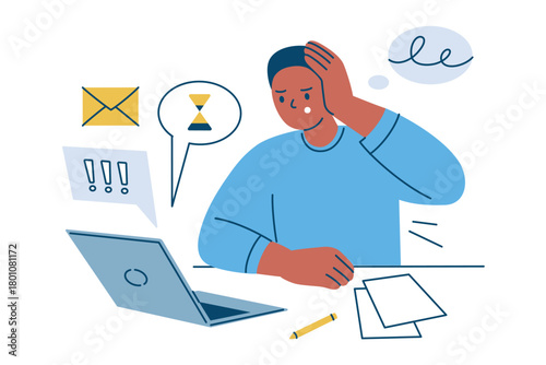Vector illustration flat cartoon scene with overwhelmed man at computer, multitasking pressure, urgent tasks, constant notifications, productivity and workflow stress for business presentations