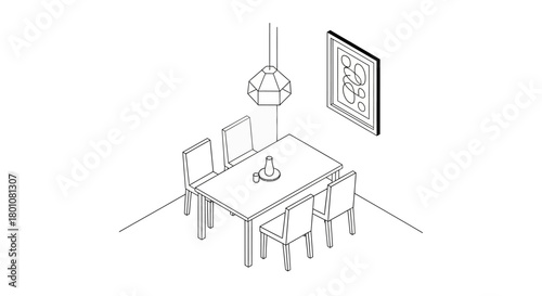 Isometric dining room illustration with table chairs and abstract art
