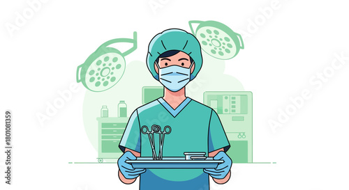 Medical Professional Carrying Surgical Tools Inside Modern Operating Room Illustration