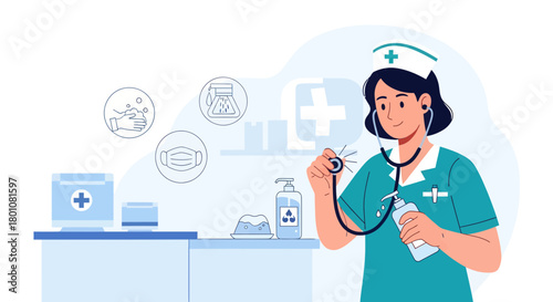 Medical Professional Examining Patient with Sanitizer and Instruments in Modern Setting