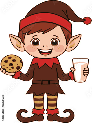 Adorable little Santa's helper, a festive elf boy holding a chocolate chip cookie and a glass of milk for a Christmas treat