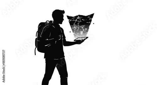 Man with backpack holding a holographic map on a tablet, exploring future technology