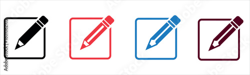 Edit document icons in black, red, blue, and maroon for modern design, perfect for website or app interface, conveying creativity and customization.