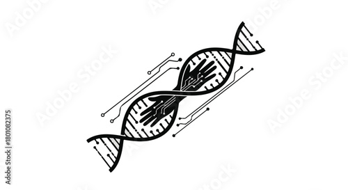 Human hands intertwined within DNA helix connected by futuristic circuits, symbolizing genetic innovation and biotechnology.