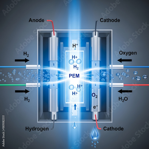 PEM cell diagram with hydrogen, oxygen, and water molecules for sustainable energy solutions