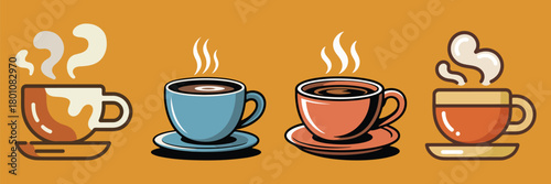 Four Steaming Coffee Cups on Saucers hot drink beverage