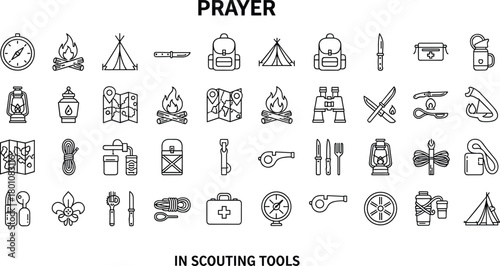 Scouting tools icon grid with prayer theme, featuring survival gear, tents, maps, lanterns, and outdoor adventure essentials
