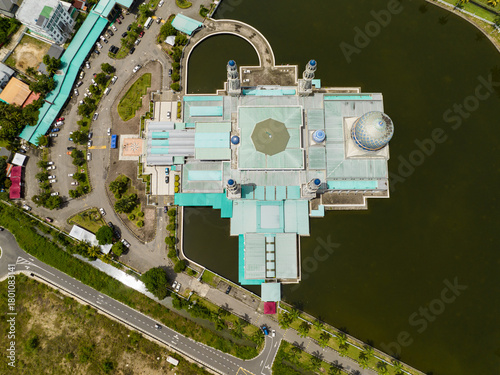 Top view of beautiful city mosque Bandaraya in the city of Kota Kinabalu. Sabah, Borneo. Malaysia.