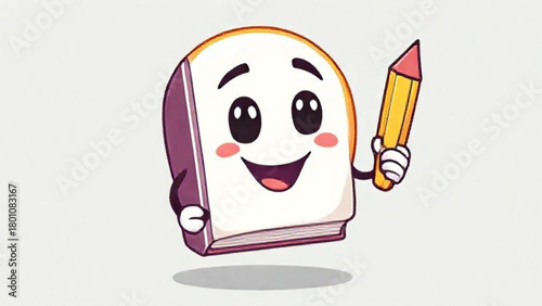 Funny vector cartoon pencil illustration character with a cute smiling face and eraser design icon