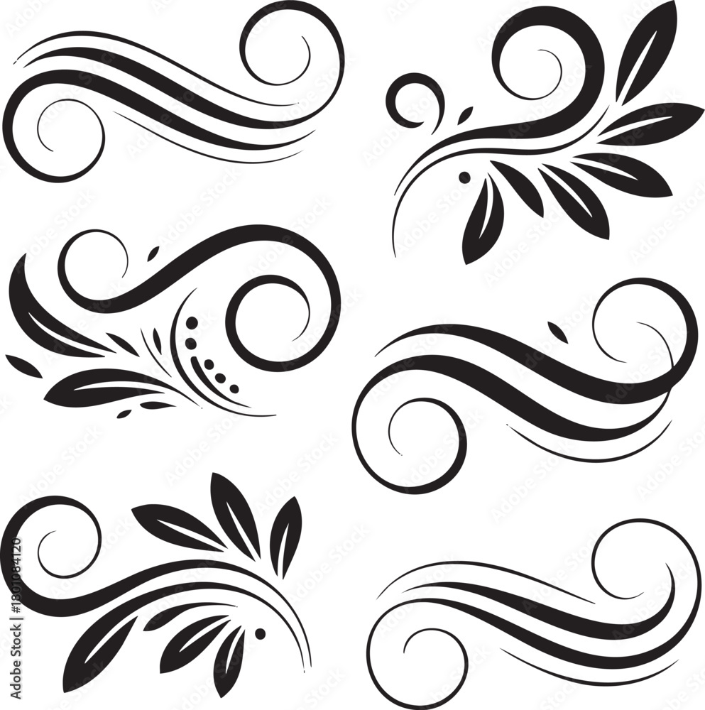 Fototapeta premium A collection of elegant black floral swirl ornaments in vector style, perfect for design decoration, invitations, logos, and artistic embellishments.