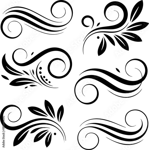 A collection of elegant black floral swirl ornaments in vector style, perfect for design decoration, invitations, logos, and artistic embellishments.