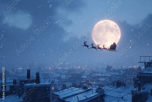 Falling snow over a quiet rooftop while Santaa??s sleigh and reindeer soar past a glowing full moon