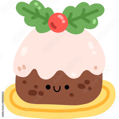 Cute christmas pudding with holly berries hand drawn