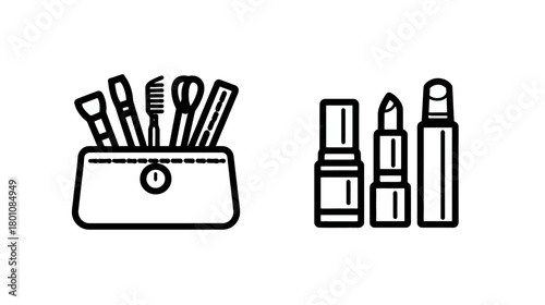 Collection of Beauty and Makeup Product Line Art Vector Icons. Cosmetic Tools, Lipstick, and Pouch on White Background.