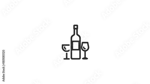 Minimalist Wine Bottle and Two Glasses Line Art Icon. Simple Outline Vector Illustration of an Alcoholic Drink for Celebrations and Menus.