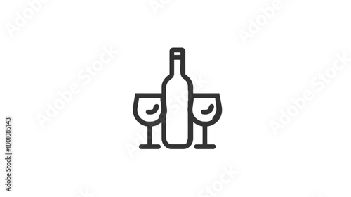Wine Bottle and Two Glasses Icon - Vector Outline Illustration for Alcoholic Beverages, Celebration, or Restaurant Menus