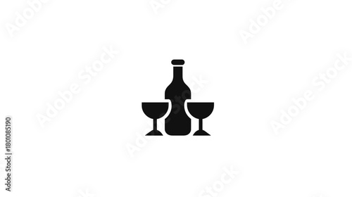 Black silhouette icon of a wine bottle with two wine glasses, minimalist vector illustration for beverage menus and celebrations.