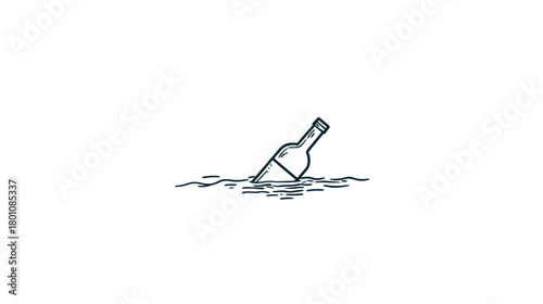 Minimalist line art illustration of a glass bottle with a message floating in the sea, symbolizing discovery, hope, and communication.