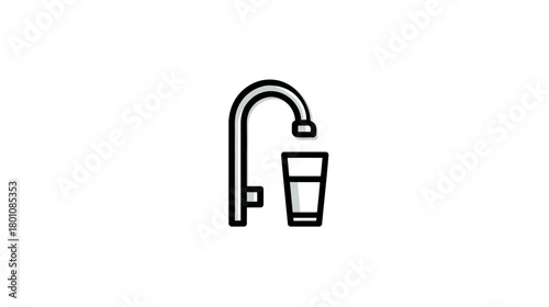 Minimalist outline icon of a water faucet filling a drinking glass, symbolizing hydration, clean water, and plumbing utility