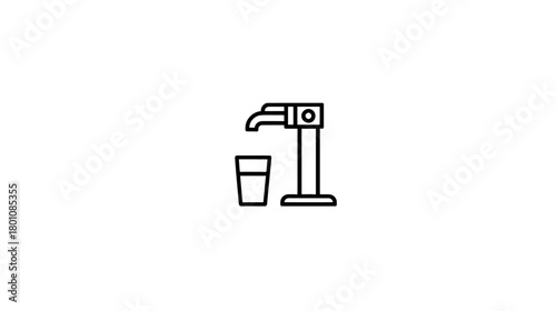 Water dispenser icon with glass. Outline symbol for hydration, drinking fountain, public water, refreshment, flat design graphic.