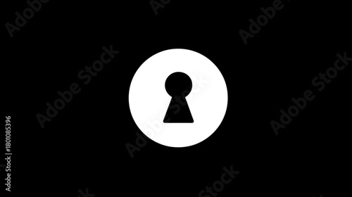White keyhole icon in a circle on black background. Security, privacy, access, unlock, password, secret, protection symbol.