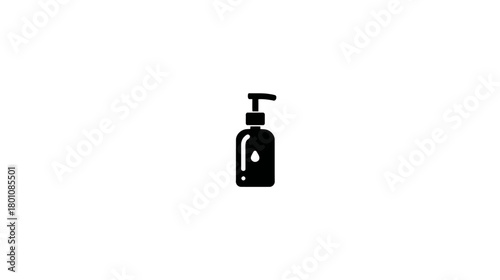 Black icon of a pump dispenser bottle with a liquid drop. Concept for soap, lotion, hand sanitizer, or cosmetic product.