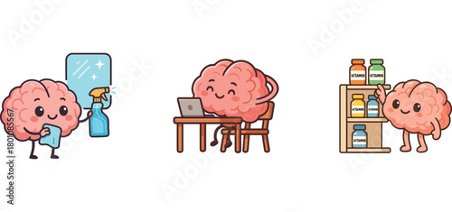 cute brain characters doing chores and home activities