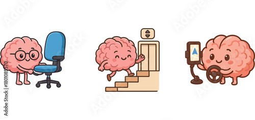 cute brain characters doing home tasks and self-care