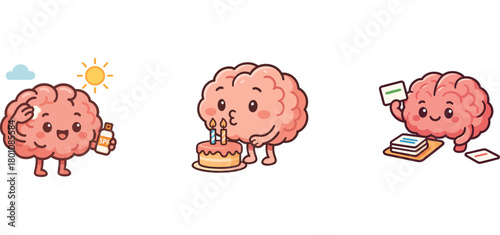 cute brain characters waking up and eating breakfast