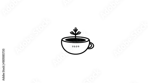 Minimalist line art illustration of a coffee cup with a growing sprout, symbolizing growth, fresh ideas, and sustainability. Simple vector graphic.