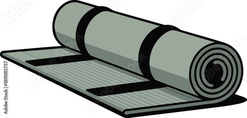 Rolled sleeping mat with black straps and textured surface