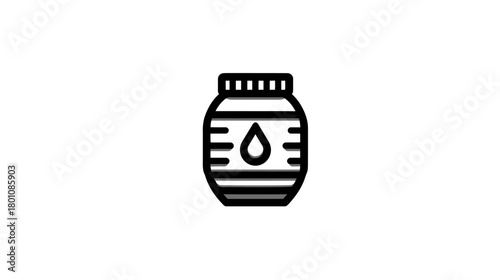 Minimalist outline icon of a product jar or bottle with a liquid drop symbol, ideal for cosmetic, health, or food concepts.
