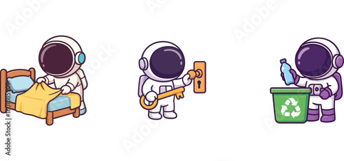 astronaut characters writing notes and recycling waste