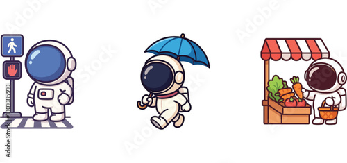 astronaut characters walking with umbrella and buying goods
