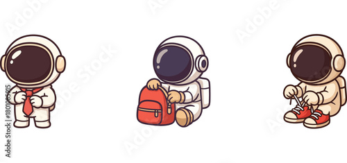 astronaut characters preparing backpack and checking items