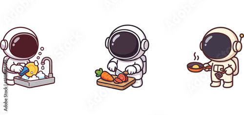 astronaut characters preparing meals and serving dishes