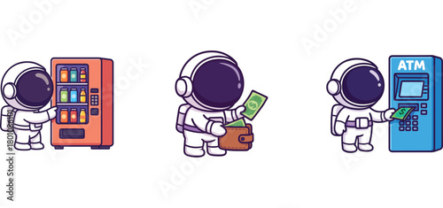 astronaut characters buying snacks and withdrawing cash