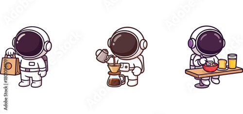 astronaut characters doing grocery tasks and carrying items