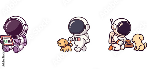 astronaut characters using laptop and doing household chores