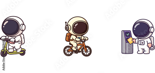 astronaut characters riding scooters and bicycles