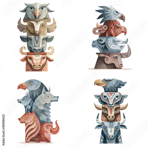 Watercolor animal totems stacked with bull, eagle, wolf, fox, lion, and owl heads. Stylized tribal art in earthy blues and terracotta, perfect for posters, decor, and branding.