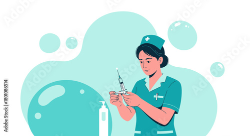 Medical Professional Preparing Syringe In a Clean, Minimalistic And Modern Illustration