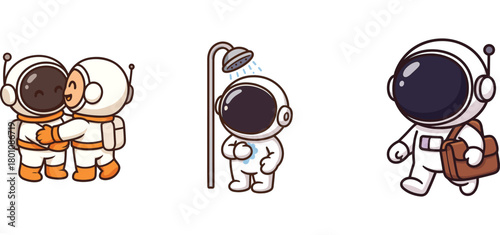 astronaut characters greeting and walking together