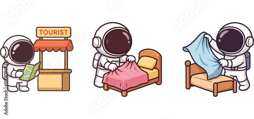 astronaut characters shopping at booth and resting on bed