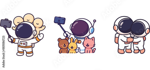 astronaut characters holding flowers and taking photos