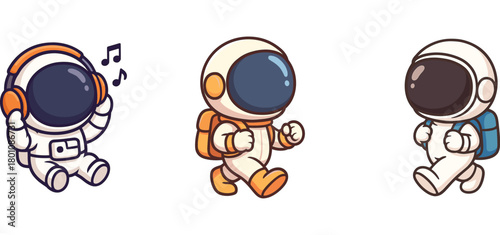 astronaut characters listening to music and jogging