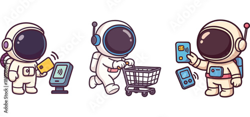 astronaut characters grocery shopping and digital payments