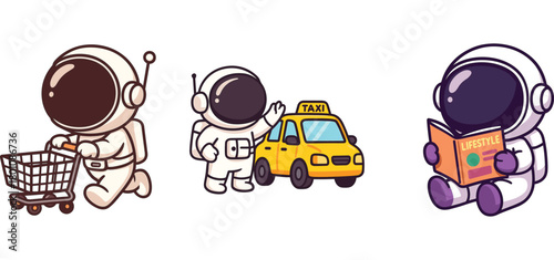 astronaut characters shopping with cart and boarding taxi