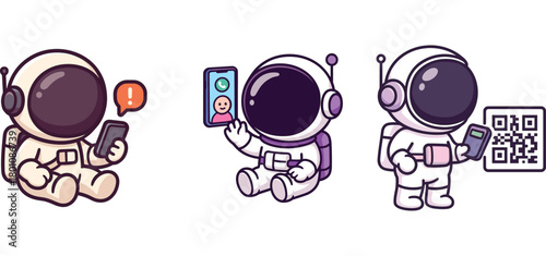 astronaut characters scanning QR code and using phone