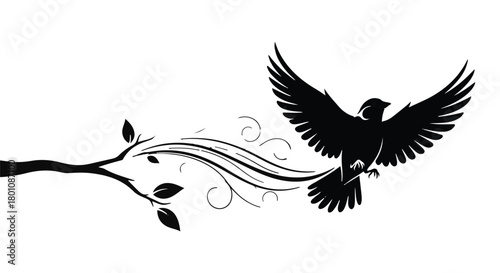 Silhouette of a bird in flight emerging from a stylized branch with swirling lines
